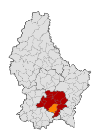 Map of Luxembourg with Hesperange highlighted in orange, and the canton in dark red