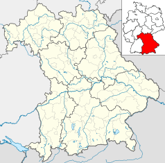 Mapa konturowa Bawarii, na dole znajduje się punkt z opisem „Olympiastadion München”