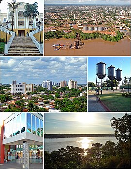 Acima, à esquerda, antiga sede do Governo do Estado de Rondônia; à direita, uma vista parcial da cidade; ao centro, à esquerda, a Casa da Cultura de Porto Velho; à direita, um pôr do sol no Rio Madeira; abaixo, uma panorâmica da cidade.