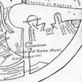 Detalle do mapa do mundo de Ibn Hawqal (tradución inglesa). Apréciase a división da península ibérica en tres espazos: Al-Andalus, a rexión dos Francos e Galicia. Ano 980.