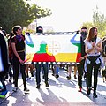 Manifestantes usando a ′Wenufoye′, a bandeira Mapuche.