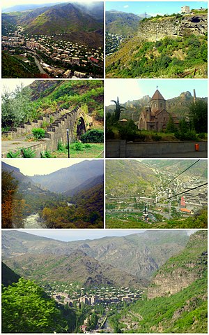 From top left: Alaverdi skyline • Old caves in Alaverdi Alaverdi-Sanahin bridge • Gregory of Narek Church Debed River • The copper combine and cable car Panoramic view of Alaverdi