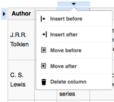 Screenshot showing a pop-up menu for column operations in a table