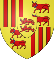 Blason de Foix-Béarn-Bigorre : Écartelé en 1er et 4e d'or aux trois pals de gueules, en 2e et 3e d'or aux deux vaches de gueules, accornées, colletées et clarinées d'azur, passant l'une sur l'autre et au centre d'or à deux lions léopardés de gueules armés et lampassés d'azur l'un sur l'autre.