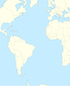 Mapa konturowa Oceanu Atlantyckiego, u góry nieco na prawo znajduje się punkt z opisem „Funchal”