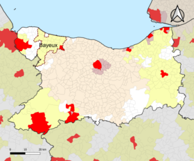 Localisation de l'aire d'attraction de Bayeux dans le département du Calvados.