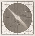 Zeichnung des Andromeda­nebels sowie der nahegelegenen Nebel M32 (unterhalb) und M110 (rechts oberhalb), Charles Messier, 1807