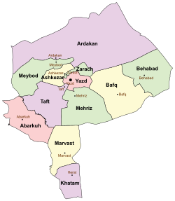 Location of Ashkezar County in Yazd province (center left, yellow)