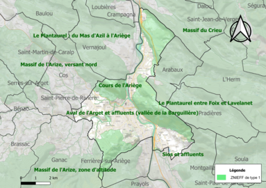 Carte des ZNIEFF de type 1 sur la commune.