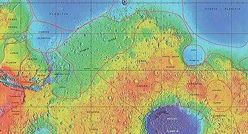 Rechts oben befindet sich Utopia Planitia, am Rand Isidis Planitia