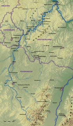 A Saar (középen) és a Mosel térképe