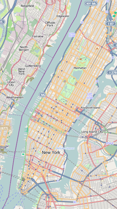 Mapa konturowa Manhattanu, w centrum znajduje się punkt z opisem „Siedziba JP Morgan Chase & Co.”