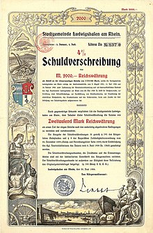 Schuldverschreibung der Stadtgemeinde Ludwigshafen über 2.000 Mark Reichswährung als Anteil an der vierprozentigen Anleihe von 3.370.900 Mark, aufgenommen am 20. Juni 1906 für Straßenzwecke, zur Errichtung einer Schlachthofanlage, zur Durchführung von Schulhausbauten, zur Erweiterung der elektrischen Straßenbahn, des Krankenhauses und des Wasserwerkes, sowie zum Zwecke der Aufschließung von Industriegelände