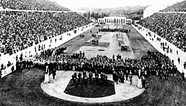 Het Stadion Panathinaiko bij de openingsceremonie van de Olympische Spelen van 1896.