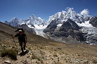 Hiking the Alpine Circuit in the Waywash mountain range. In the background are (L to R) Rasac, Yerupaja, Siula Grande and Sarapo.