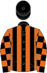 Black and Orange stripes, checked sleeves, Black cap