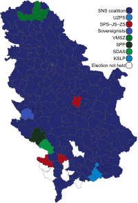 A map of Serbia showing the results of the 2022 parliamentary elections