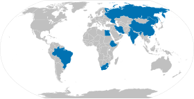 World map with BRICS countries highlighted