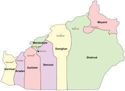 Location of Shahrud County in Semnan Province (right, green)