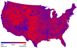 Presidential popular votes by county as a scale from red/Republican to blue/Democratic.