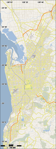 Mapa konturowa Adelaide, w centrum znajduje się punkt z opisem „Adelaide Street Circuit”