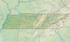 Mapa konturowa Tennessee, blisko centrum na dole znajduje się punkt z opisem „miejsce bitwy”