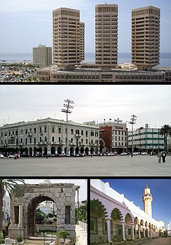 Atas:: Menara That El Emad; Tengah: Lapangan Martir; Bawah kiri:Menara Marcus Aurelius Arch; Bawah kanan: Souq al-Mushir – Tripoli Medina