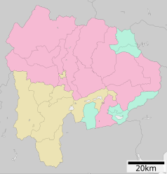 Mapa konturowa prefektury Yamanashi, blisko centrum na dole znajduje się punkt z opisem „Narusawa”