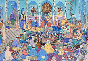 Musicians play sitting cross-legged on rich oriental rugs in a tiled room; men watch them, some accompanied by children, as a woman and two children descend a staircase in the background, and a servant brings tea.