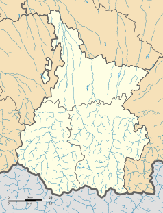 Mapa konturowa Pirenejów Wysokich, blisko centrum na prawo znajduje się punkt z opisem „Lannemezan”