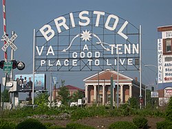 A sign welcomes visitors to the twin cities of Bristol, Virginia, and Bristol, Tennessee.