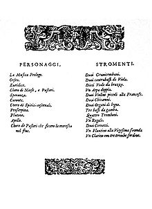 A decorated page showing two lists, respectively headed "Personaggi" (a list of characters) and "Stromenti"