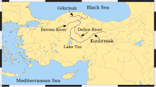 A riverine map centred on modern Turkey, four rivers are highlighted in dark blue and a lake in light blue