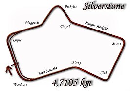 Circuit Silverstone (De plattegrond is ouder, omdat in 1975 een chicane werd gecreëerd bij Woodcote. Deze werd echter bij motorraces niet gebruikt, waardoor deze plattegrond de juiste situatie weergeeft.)