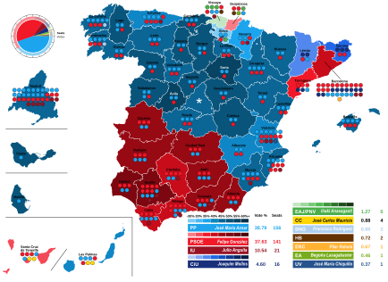 Map of Spain showcasing seat distribution by Congress of Deputies constituency