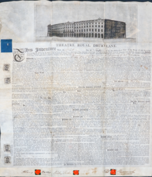 Anleihevertrag über 500 £ des Theatre Royal, Drury Lane, ausgefertigt am 6. Juli 1793, gedruckt auf Pergament. Zu den Gläubigern, die in dem Dokument genannt werden, gehörte u. a. der Dramatiker Richard Brinsley Sheridan.