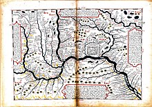 Carte ancienne montrant le Ienisseï et ses affluents de manière exagérée, et situant de nombreux lieux dont Ienisseïsk au centre-droit avec un carré et des maisons pour l'ostrog.