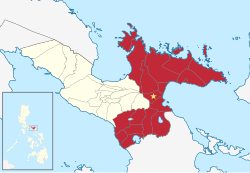 Map of Camarines Sur with municipalities included in Nueva Camarines highlighted in red.