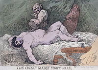 Politician Charles James Fox is the subject of Thomas Rowlandson's satirical etching The Covent Garden Night Mare (1784)