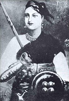 Lakshmibai, the Rani of Jhansi, one of the principal leaders of the revolutionaries who earlier had lost her kingdom as a result of the Doctrine of Lapse.