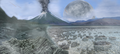 Image 37Artist's impression of Earth during the later Archean, the largely cooled planetary crust and water-rich barren surface, marked by volcanoes and continents, features already round microbialites. The Moon, still orbiting Earth much closer than today and still dominating Earth's sky, produced strong tides. (from History of Earth)