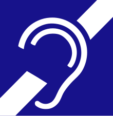 Stylized image of an ear crossed out with a white bar on a blue background