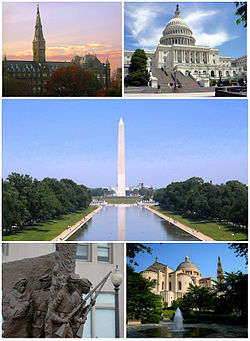 Igbaw nga wala: Georgetown University; Igbaw nga to-o: U.S. Capitol; butnga: Washington Monument; ubos nga wala: African American Civil War Memorial; ubos nga to-o: National Shrine