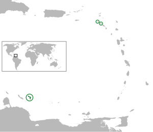 Location of the Caribbean Netherlands (green and circled) in the Caribbean. From left to right: Bonaire, Saba, Sint Eustatius.