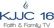 A silver and blue symbol resembling a flame. Beneath it, in large blue text, "KJJC-TV 16". Beneath that, in smaller gray text, "Faith & Family TV".