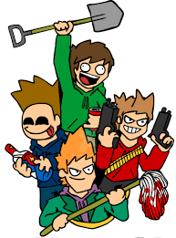 Four cartoon characters in a pile. Clockwise from the top, the characters are: Edd, a man wearing a green-sweater; Tord, wearing a red sweater and holding two firearms; Matt, wearing a purple sweater and green blazer, holding a bloody mop; and Tom, a man with empty eye sockets wearing a blue sweater, holding a bottle of vodka.