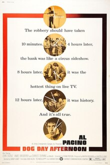 Movie poster includes five circles spaced out vertically throughout the image with various screenshots included. Interwoven throughout the circles is text reading "The robbery should have taken 10 minutes. 4 hours later, the bank was like a circus sideshow. 8 hours later, it was the hottest thing on live TV. 12 hours later, it was history. And it's all true." Text at the bottom of the image includes the title and credits.