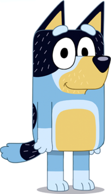 An anthropomorphic cartoon dog with mostly blueish grey fur with a dark blue fur pattern on his head that resembles a bandit's mask. Silver hairs can be seen all over the dark blue areas of his fur as well as on his face around his mouth similar to facial hair, indicating middle age.