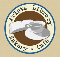 Graphic of a cup and book, as well as the text "Arleta Library Bakery & Cafe"