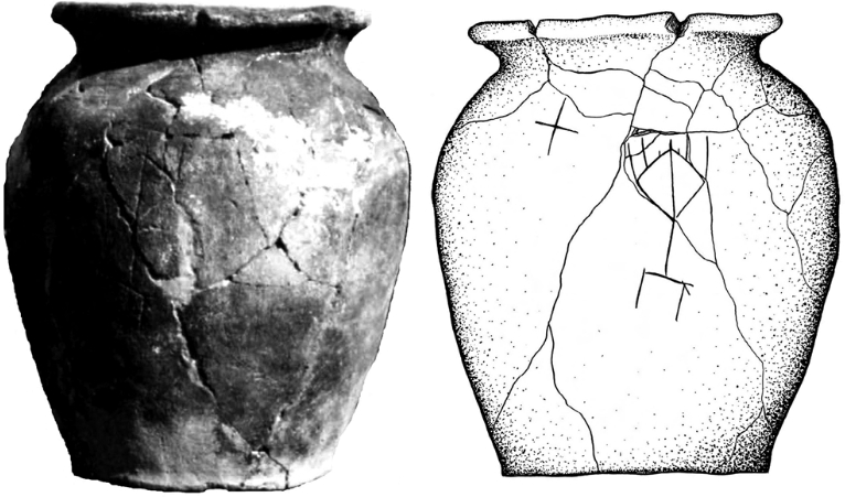 Khazar-era pot from Mariupol with menorah and cross symbols